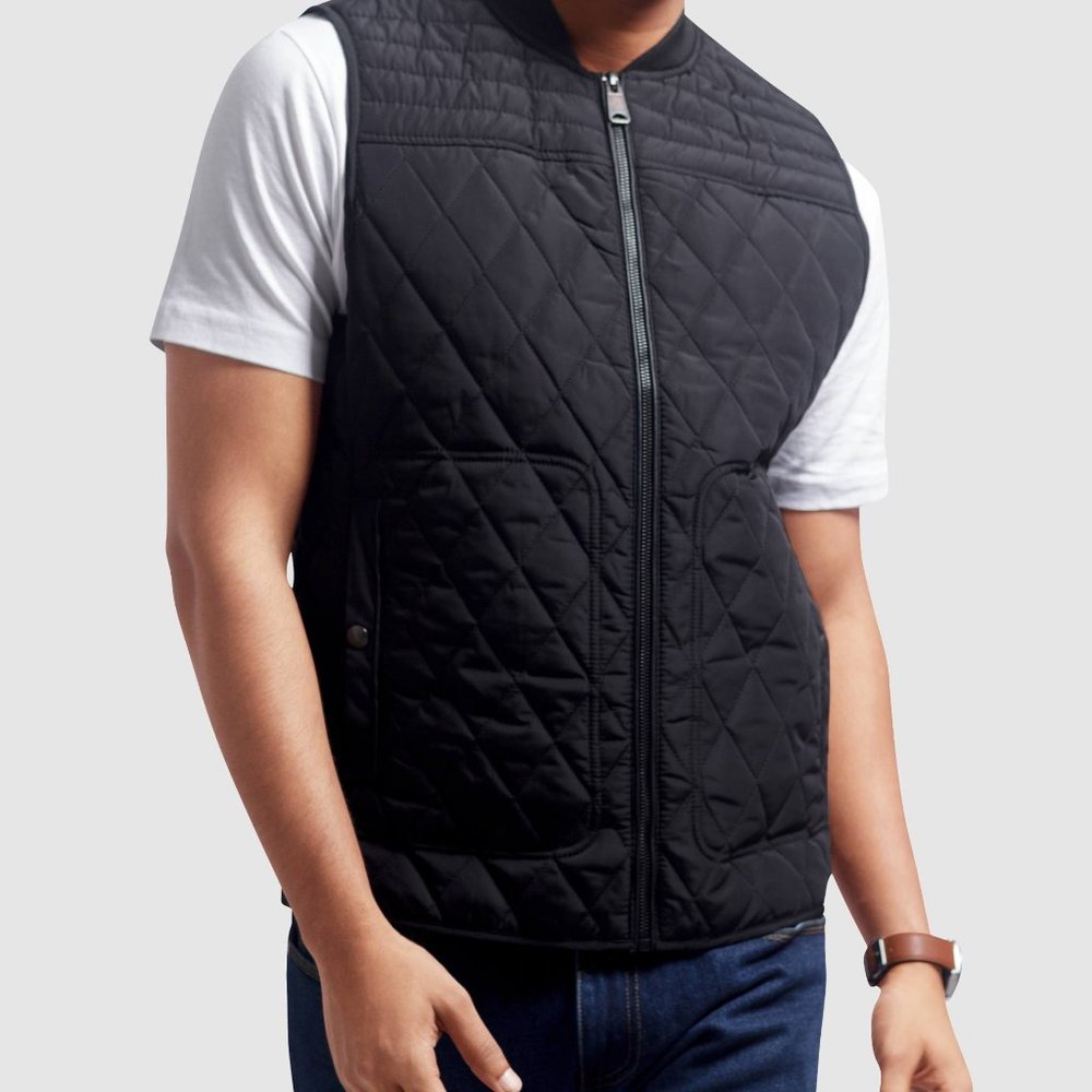 OLGYN Men’s Black Quilted Faux Leather Trim Vest